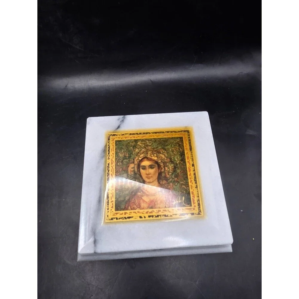 Vintage Marble Trinket Box Lid White Beautiful Woman Portrait Stone Jewelry Box